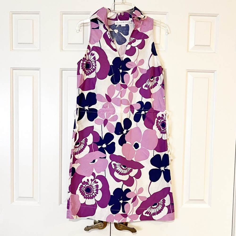 Lesley Evers Floral Pink and Purple Sleeveless Midi 100% Cotton Dress. Medium